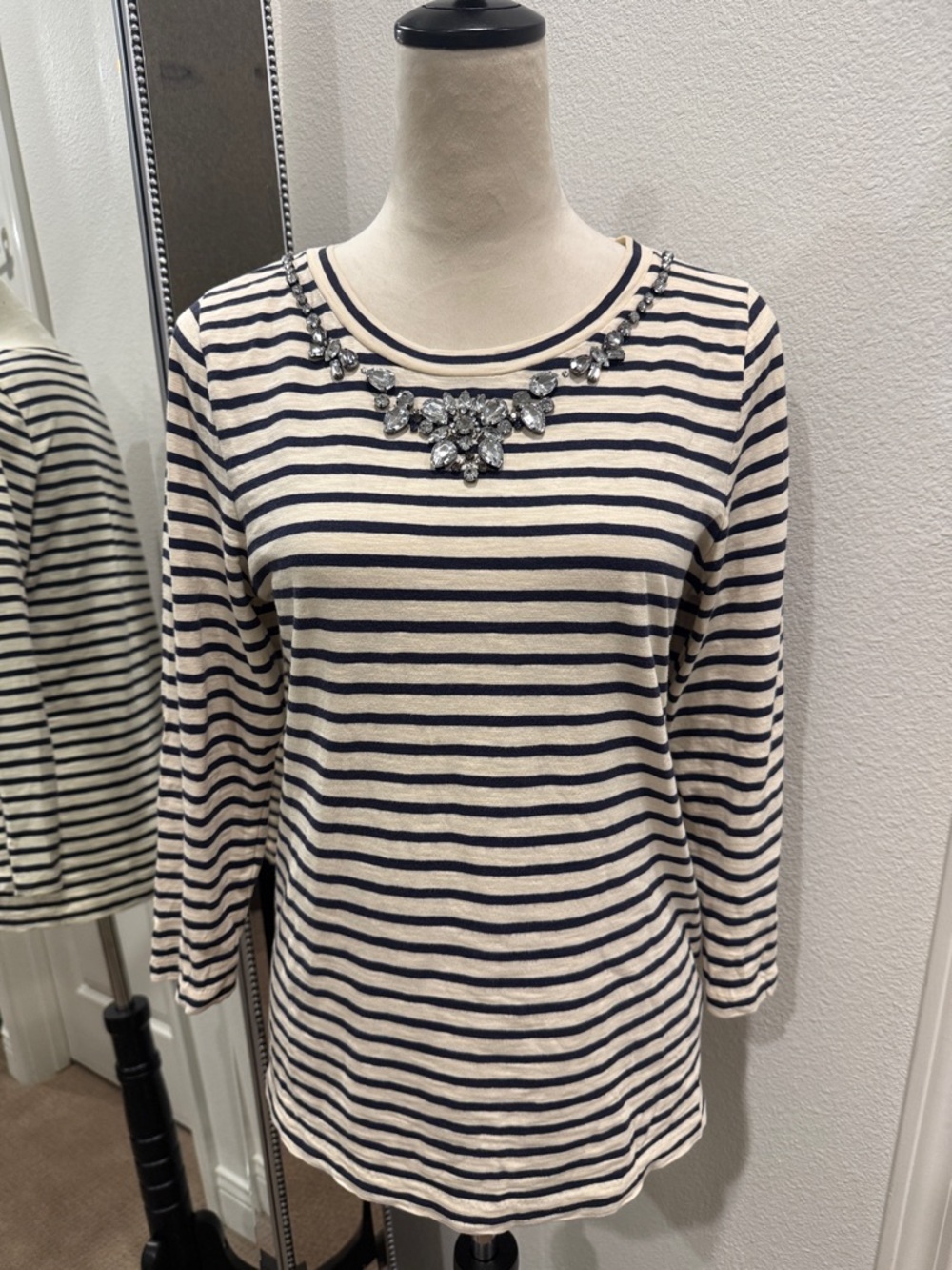 J. Crew Navy and Cream Striped Knit Top with Jewel Neck